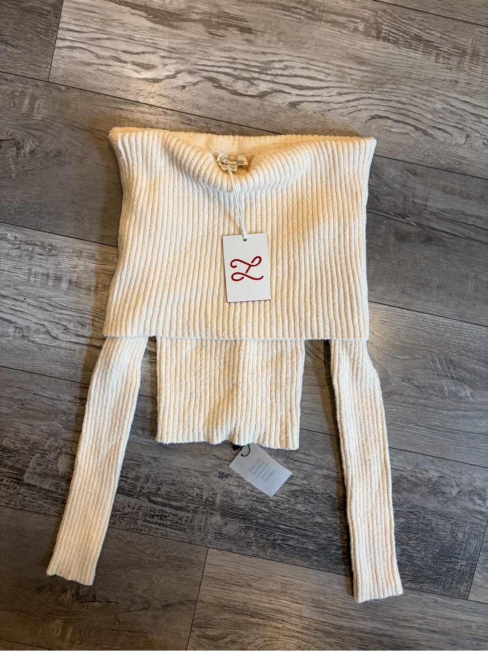 L'Academie Cream Ribbed Off-Shoulder Sweater